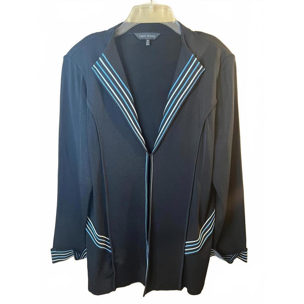 Ming Wang Women's Blue Striped Open Front Cardigan Knit Jacket Size 1X